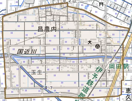 大字昌農内とその周辺の地図。町の範囲を重ねている