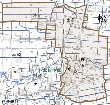大字出作とその周辺の地図。町の範囲を重ねている