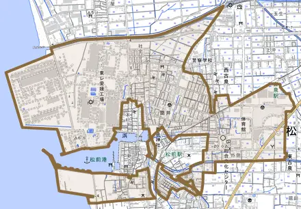 大字筒井とその周辺の地図。町の範囲を重ねている
