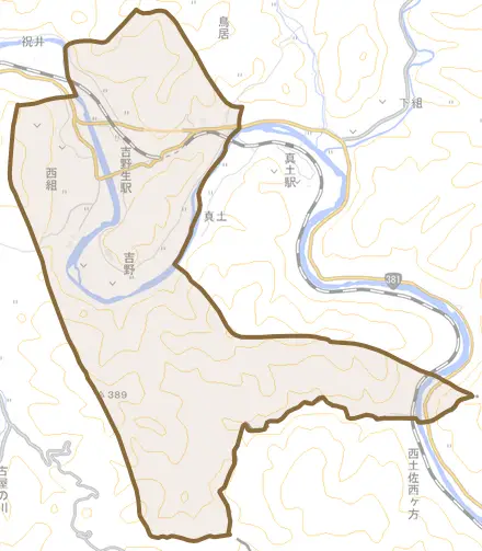吉野とその周辺の地図。町の範囲を重ねている