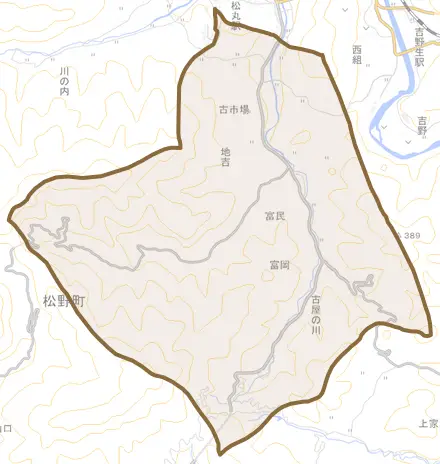 富岡とその周辺の地図。町の範囲を重ねている