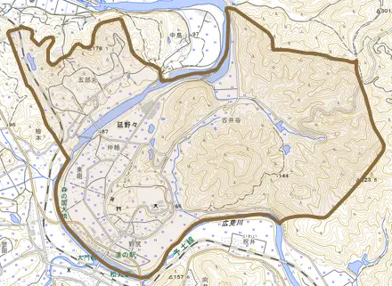 延野々とその周辺の地図。町の範囲を重ねている