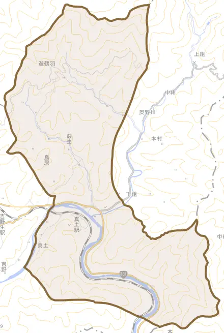 蕨生とその周辺の地図。町の範囲を重ねている