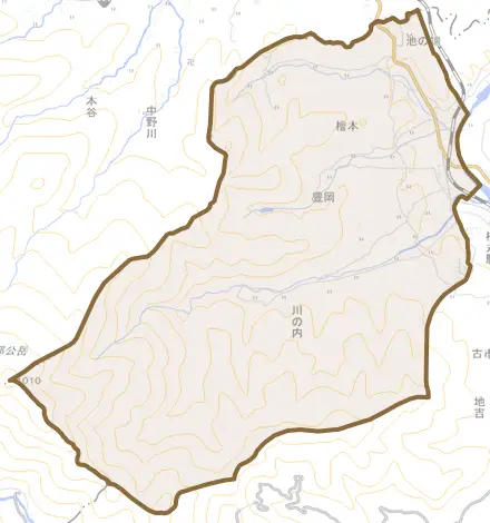 豊岡とその周辺の地図。町の範囲を重ねている