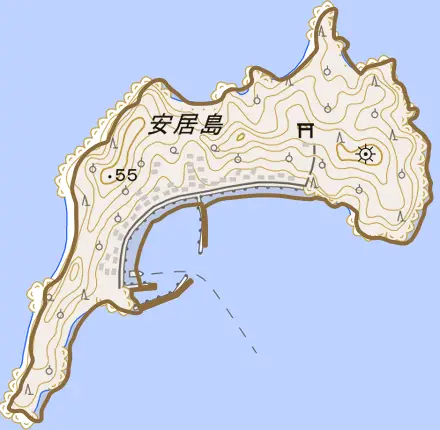 安居島とその周辺の地図。町の範囲を重ねている