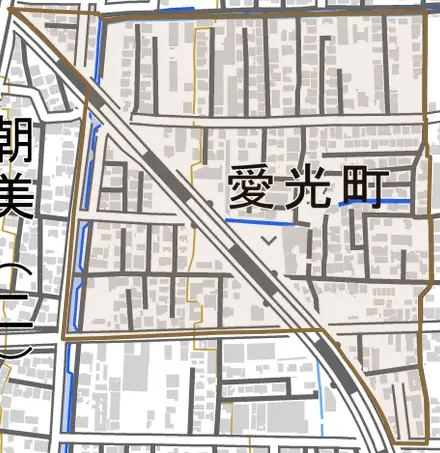 愛光町とその周辺の地図。町の範囲を重ねている