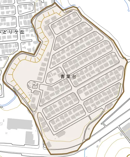 青葉台とその周辺の地図。町の範囲を重ねている