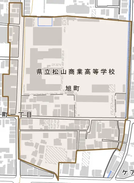旭町とその周辺の地図。町の範囲を重ねている