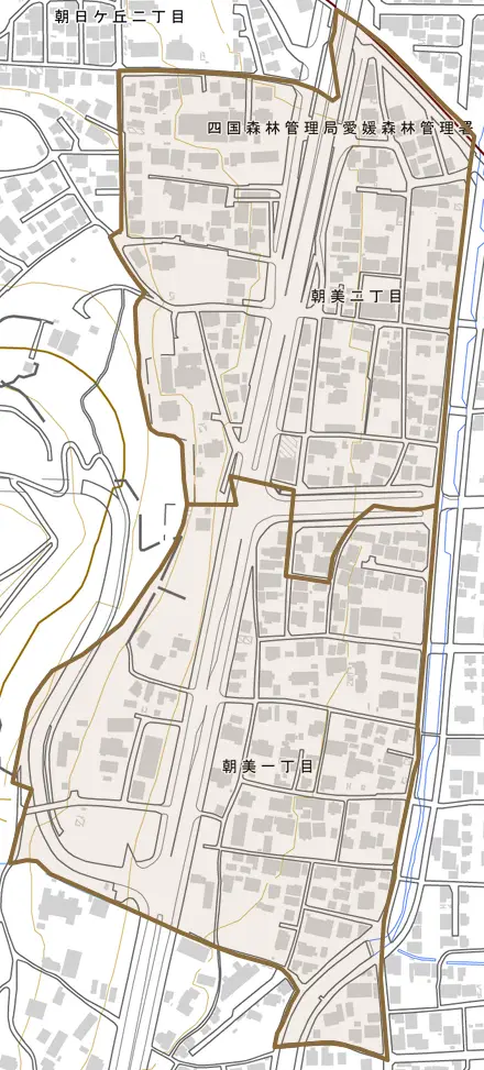 朝美とその周辺の地図。町の範囲を重ねている