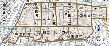 朝生田町とその周辺の地図。町の範囲を重ねている