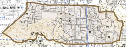 別府町とその周辺の地図。町の範囲を重ねている