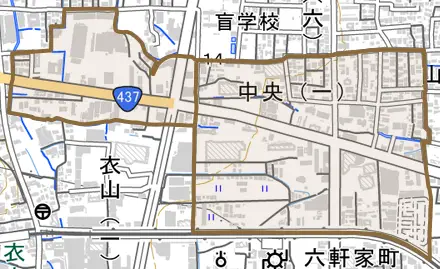 中央とその周辺の地図。町の範囲を重ねている