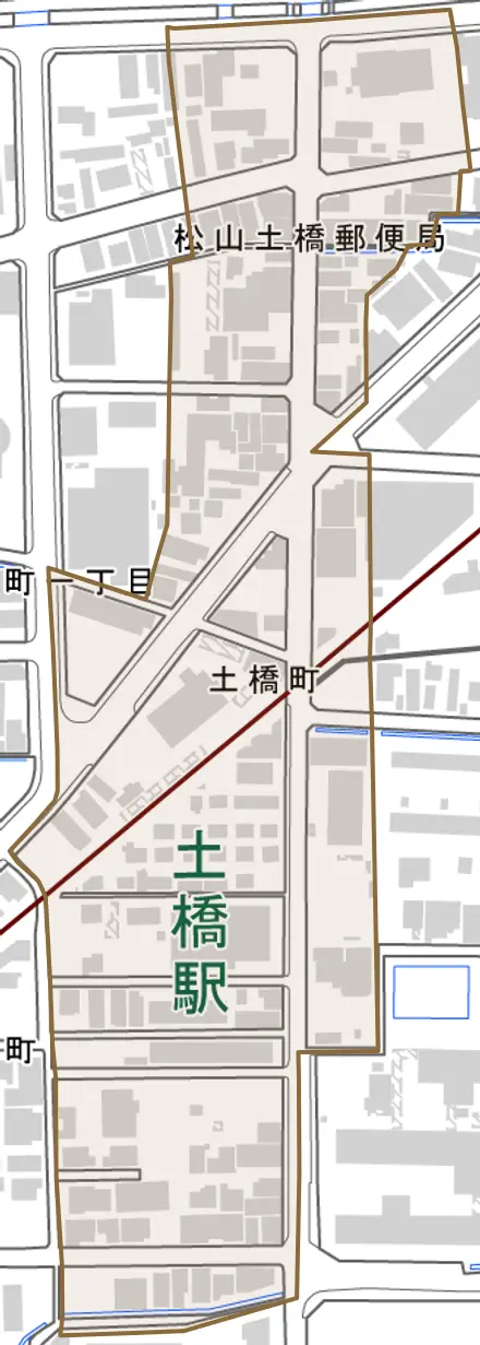 土橋町とその周辺の地図。町の範囲を重ねている