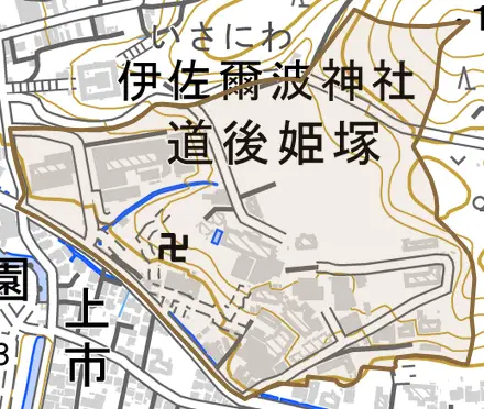 道後姫塚とその周辺の地図。町の範囲を重ねている