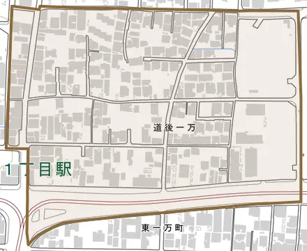 道後一万とその周辺の地図。町の範囲を重ねている