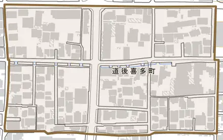 道後喜多町とその周辺の地図。町の範囲を重ねている