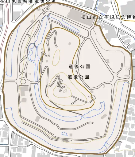 道後公園とその周辺の地図。町の範囲を重ねている