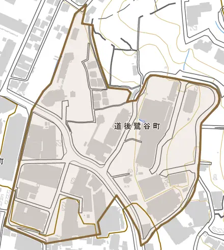 道後鷺谷町とその周辺の地図。町の範囲を重ねている