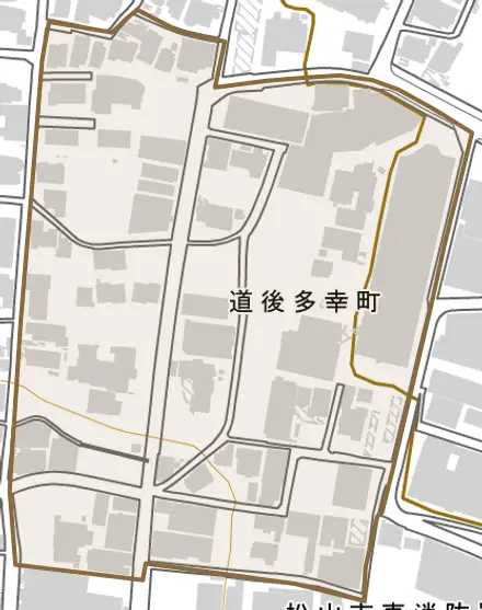 道後多幸町とその周辺の地図。町の範囲を重ねている