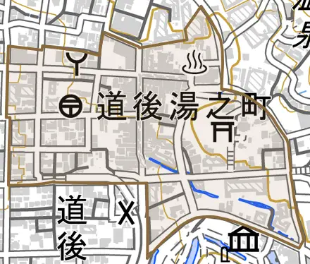 道後湯之町とその周辺の地図。町の範囲を重ねている