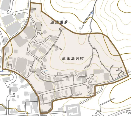 道後湯月町とその周辺の地図。町の範囲を重ねている