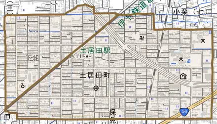 土居田町とその周辺の地図。町の範囲を重ねている