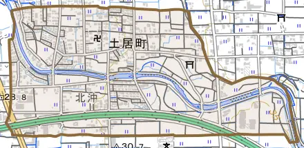 土居町とその周辺の地図。町の範囲を重ねている