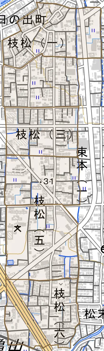 枝松とその周辺の地図。町の範囲を重ねている