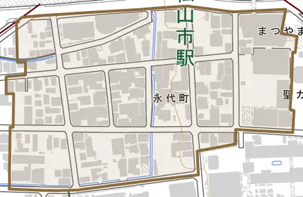 永代町とその周辺の地図。町の範囲を重ねている