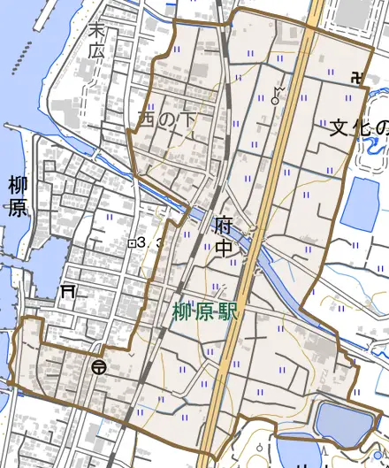 府中とその周辺の地図。町の範囲を重ねている