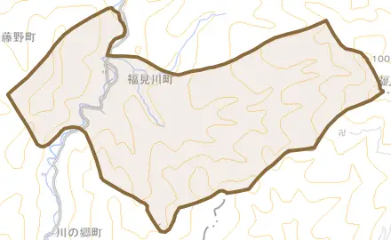 福見川町とその周辺の地図。町の範囲を重ねている