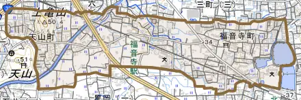 福音寺町とその周辺の地図。町の範囲を重ねている