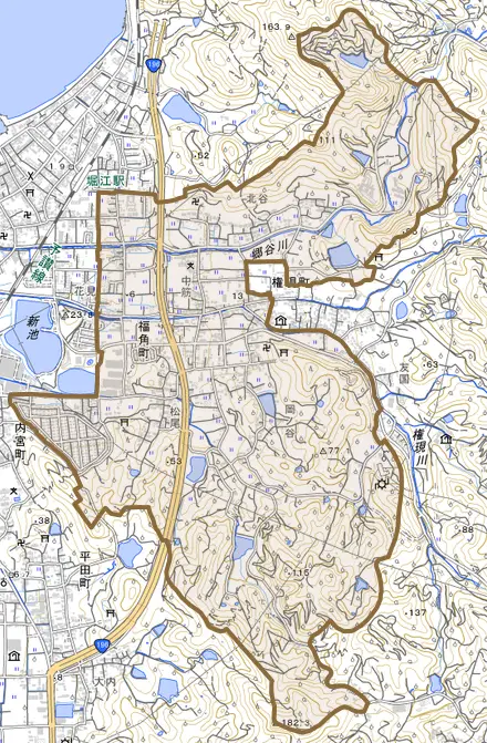 福角町とその周辺の地図。町の範囲を重ねている