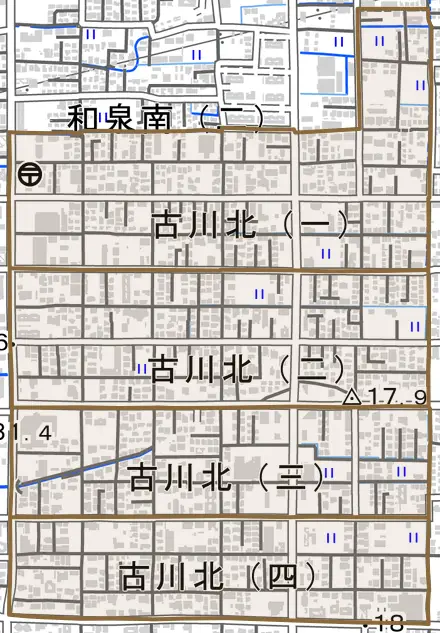 古川北とその周辺の地図。町の範囲を重ねている
