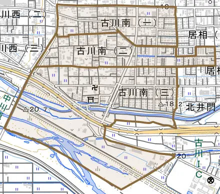古川南とその周辺の地図。町の範囲を重ねている