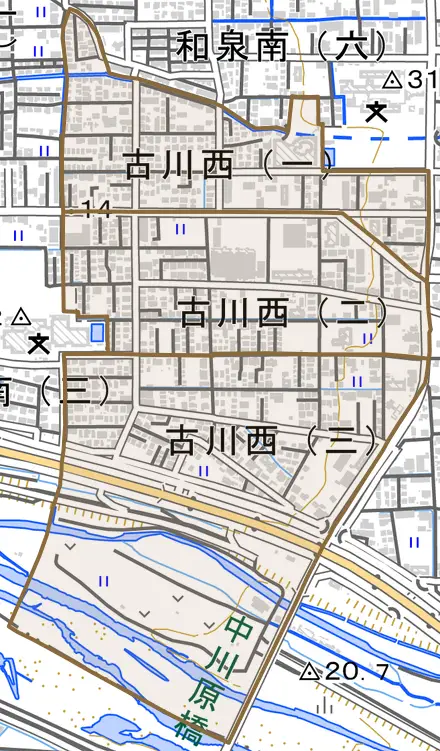 古川西とその周辺の地図。町の範囲を重ねている