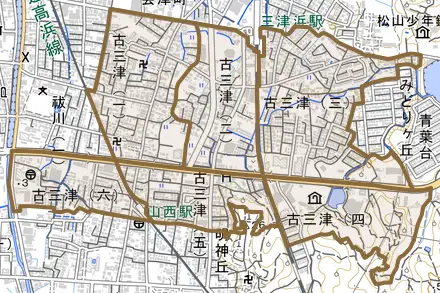 古三津とその周辺の地図。町の範囲を重ねている