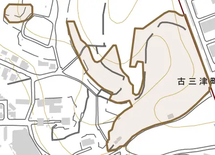 古三津町とその周辺の地図。町の範囲を重ねている