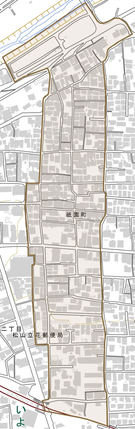 祇園町とその周辺の地図。町の範囲を重ねている