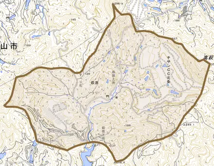 萩原とその周辺の地図。町の範囲を重ねている