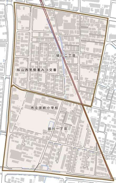 祓川とその周辺の地図。町の範囲を重ねている