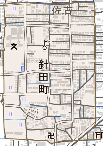 針田町とその周辺の地図。町の範囲を重ねている