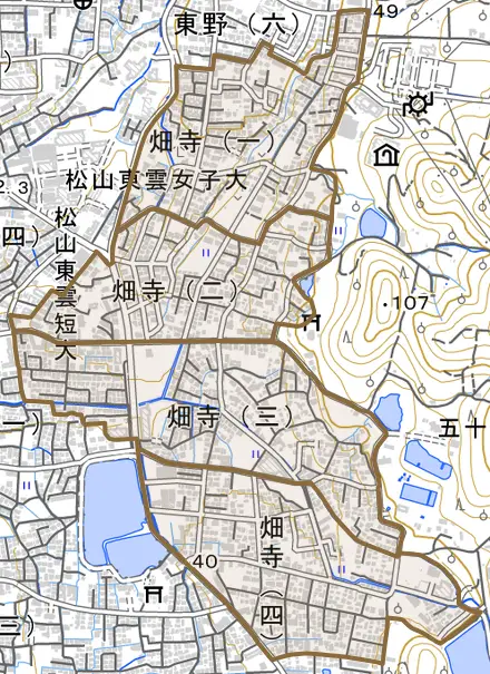 畑寺とその周辺の地図。町の範囲を重ねている