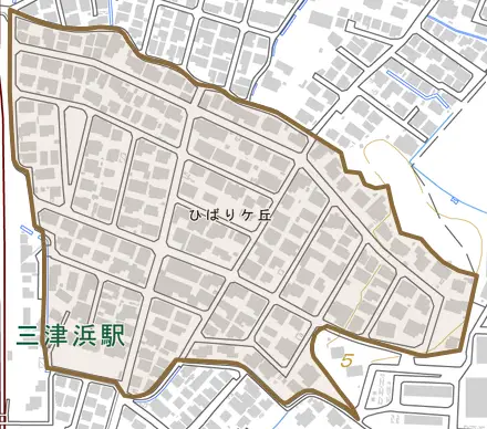 ひばりケ丘とその周辺の地図。町の範囲を重ねている