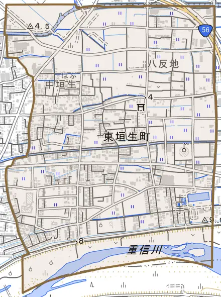 東垣生町とその周辺の地図。町の範囲を重ねている