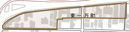 東一万町とその周辺の地図。町の範囲を重ねている