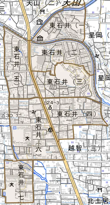 東石井とその周辺の地図。町の範囲を重ねている