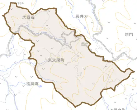 東大栗町とその周辺の地図。町の範囲を重ねている