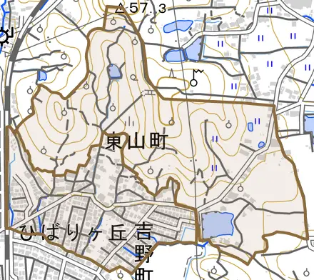 東山町とその周辺の地図。町の範囲を重ねている