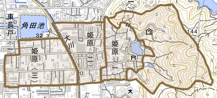 姫原とその周辺の地図。町の範囲を重ねている
